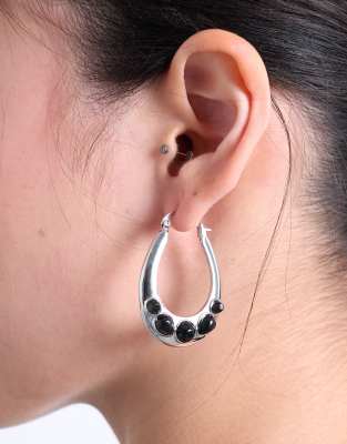Topshop Topshop Belle hoop earrings with black semi-precious stones in silver