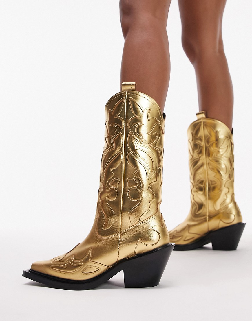 Topshop Belle premium leather hand stitched western boot in gold