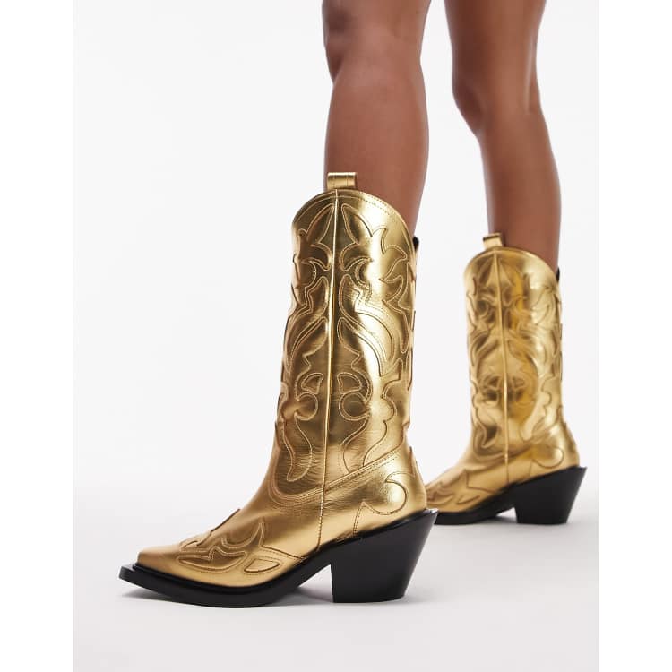 Topshop Belle premium leather hand stitched western boot in gold