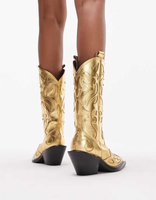 Topshop Belle premium leather hand stitched western boots in gold, 3 of 4