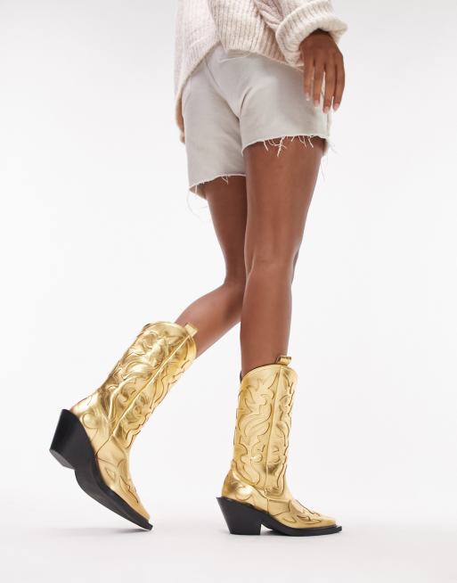 Topshop Belle premium leather hand stitched western boots in gold, 4 of 4