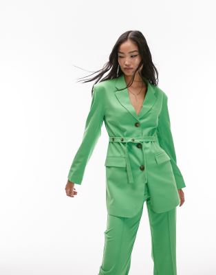 Shop Topshop Belted Blazer In Green