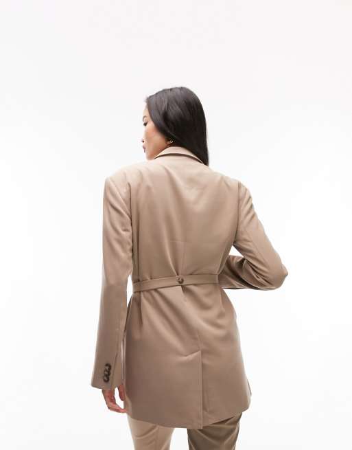 Topshop belted blazer in in tan, 3 of 4