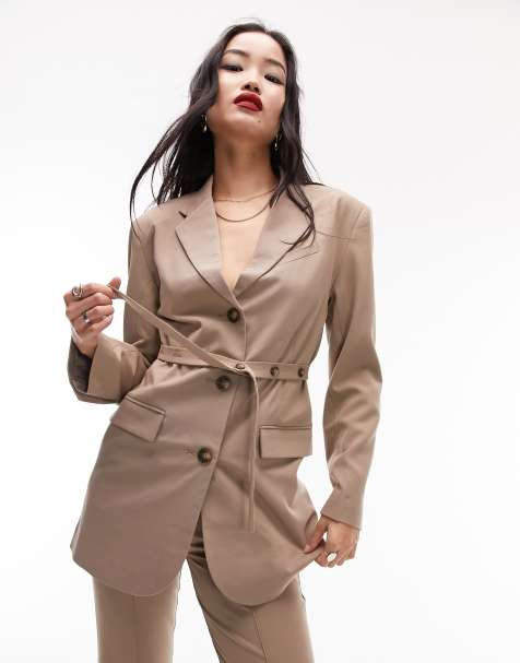 Topshop belted blazer in tan - view 1