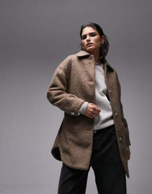 belted brushed shacket in mink-Pink