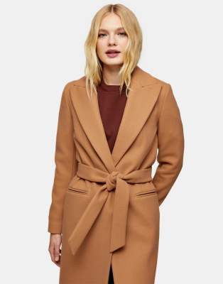 topshop belted wool coat in camel