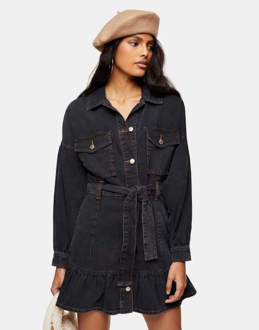 Black denim belted hot sale dress