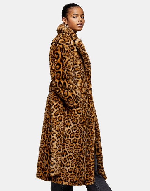 Topshop belted faux fur coat in animal print