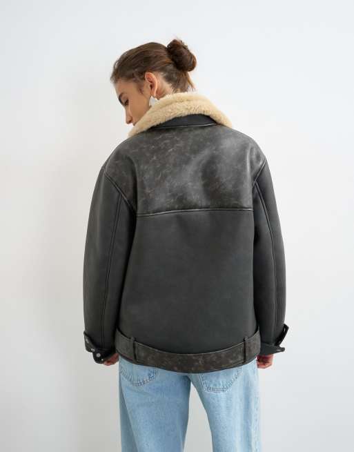 Topshop belted faux leather jacket in black and tan, 4 of 4