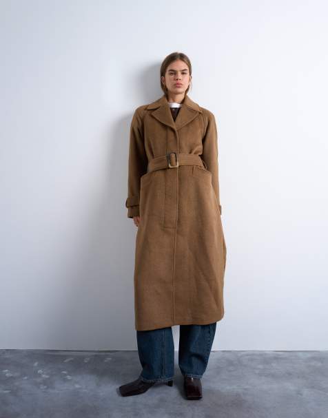 Topshop belted formal longline coat with wool in camel - view 1