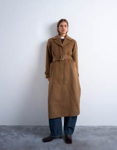 Belted formal longline coat with wool in camel