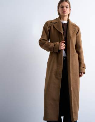 Topshop Belted Formal Longline Coat With Wool In Brown