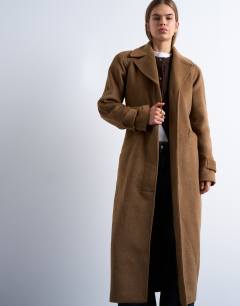 Model wearing Belted formal longline coat with wool in camel