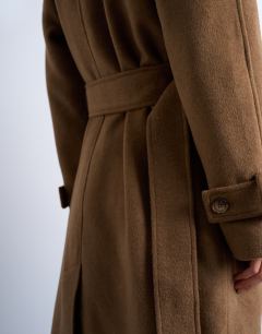 Model wearing Belted formal longline coat with wool in camel