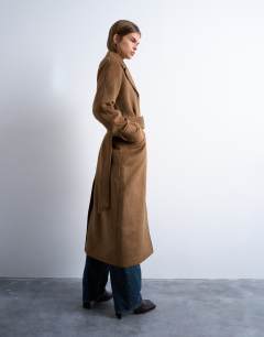 Model wearing Belted formal longline coat with wool in camel