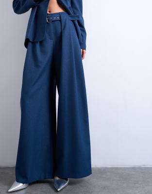 Topshop Belted High Waist Double Pleat Pants In Blue