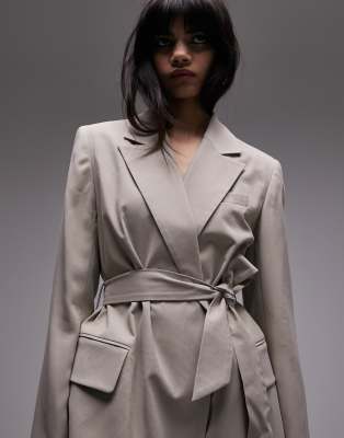 Topshop Belted Long-line Blazer In Taupe - Part Of A Set-brown