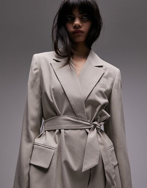 Topshop belted long-line blazer in taupe - part of a set
