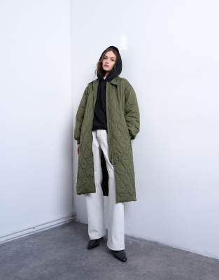 Topshop Belted Long Liner Jacket In Green