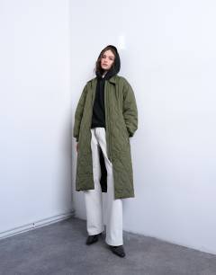 Belted long liner jacket in green 