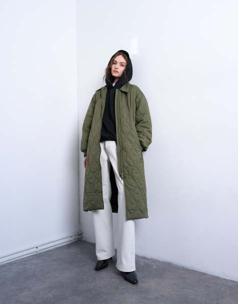 Topshop belted long liner jacket in green 
