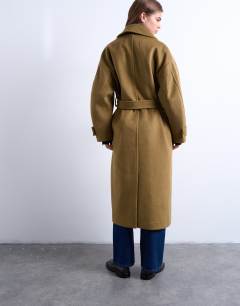 Model wearing Belted longline formal car coat in sage