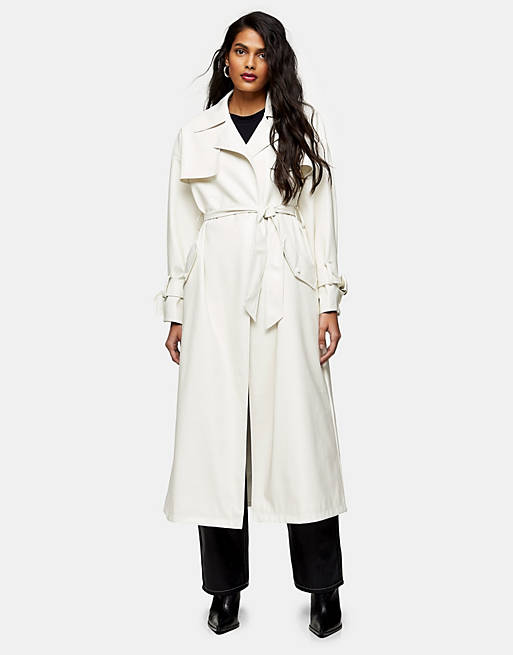 Top Belted Maxi Faux Leather Trench, White Leather Trench Coat Womens