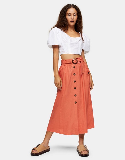 Topshop belted midi skirt in rust