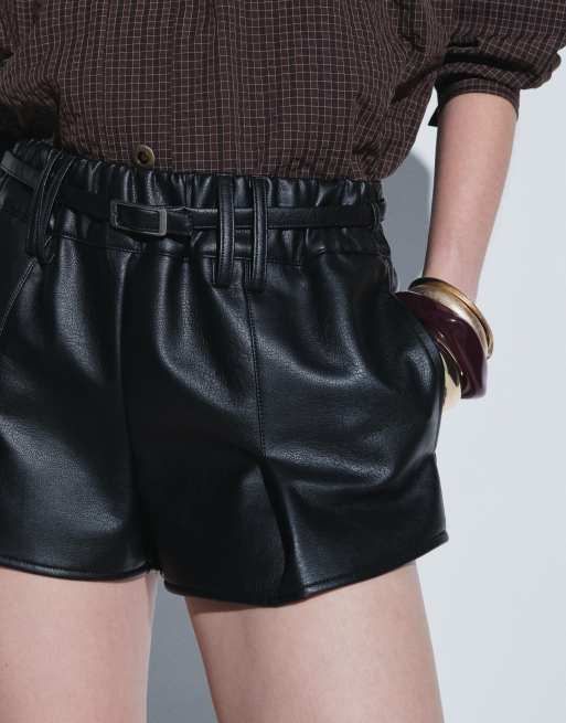 Topshop belted mini faux leather short in black, 3 of 5