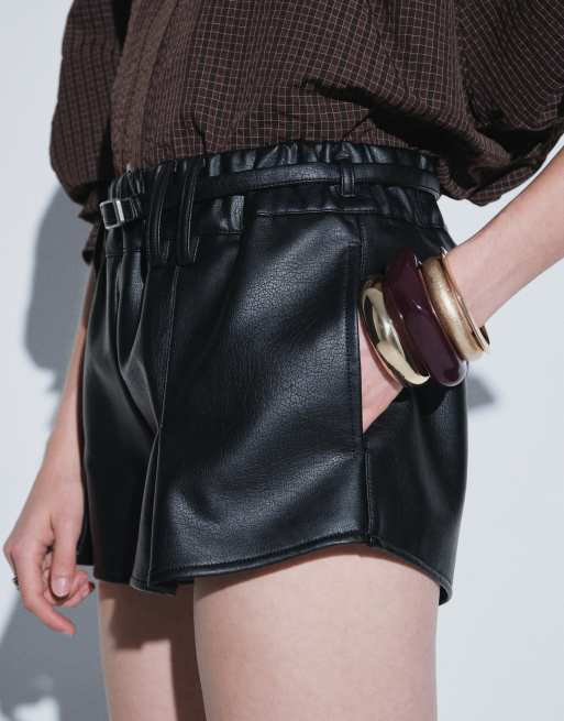 Topshop belted mini faux leather short in black, 4 of 5