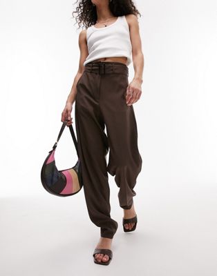 Topshop Belted Peg Pants In Chocolate-brown