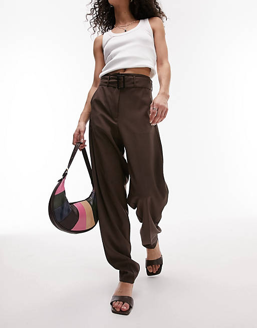 Topshop belted peg pants in chocolate