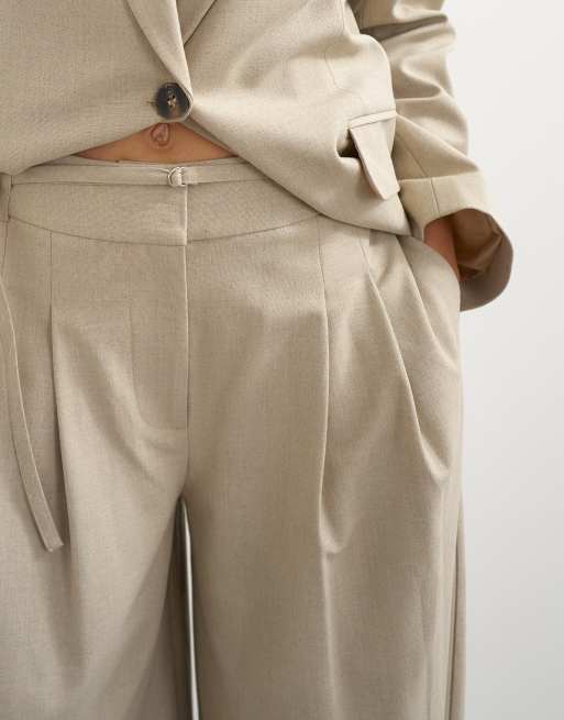 Topshop belted pleated cropped wide leg pants in beige, 5 of 5