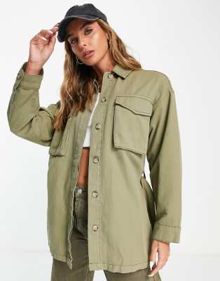 Topshop belted utility lightweight shirt jacket in khaki-Green