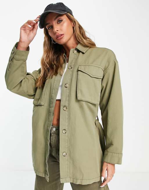 Topshop belted utility lightweight shirt jacket in khaki