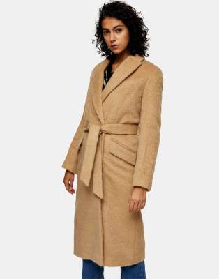 Long camel cheap belted coat