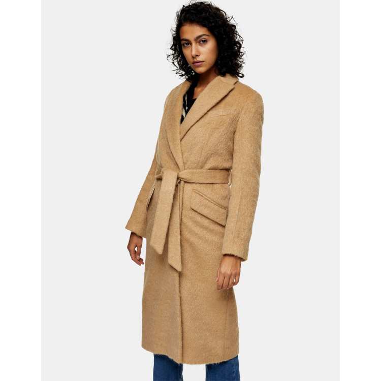 Camel wool cheap belted coat