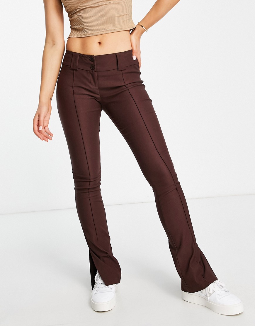 Topshop bengaline double button low rise flare trouser in chocolate-Brown