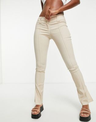 Topshop bengaline double button pinstripe print low rise flare trouser in sand - ASOS Price Checker