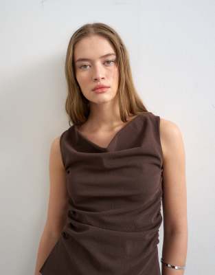Topshop Bengaline Ruched Side Slash Tank Top In Brown