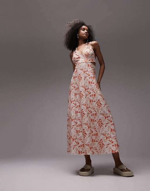 Topshop – Benvit broderad midiklänning i jersey med v-ringning
