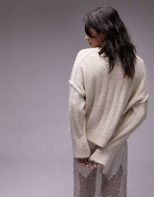 Topshop – Benvit, fluffigt stickad kofta i oversize med v-ringning, 2 av 4