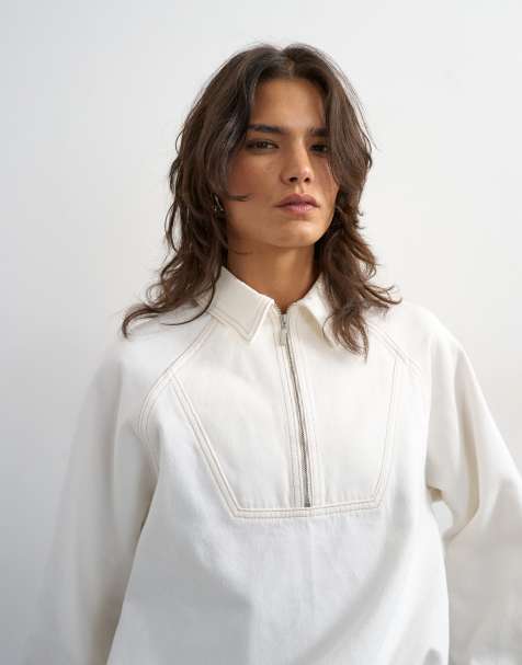 Topshop – Benvit jeansjacka med krage och kort dragkedja - view 1