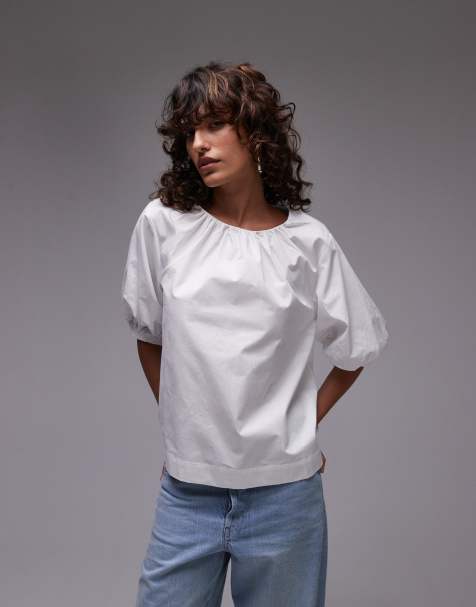 Topshop – Benvit poplin-topp med puffärmar - view 1