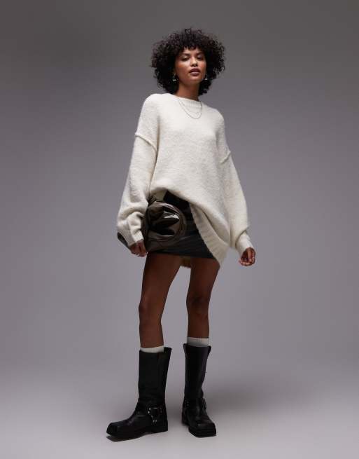 Topshop – Benvit, stickad tröja i fluffigt garn med lång modell och rund halsringning, 3 av 4