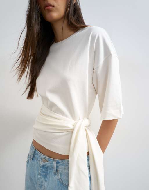 Topshop – Benvit topp med omlottdesign och knytning i midjan, 4 av 4