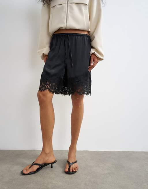 Topshop - Bermuda en satin avec empiècement en dentelle - Noir, 4 de 5