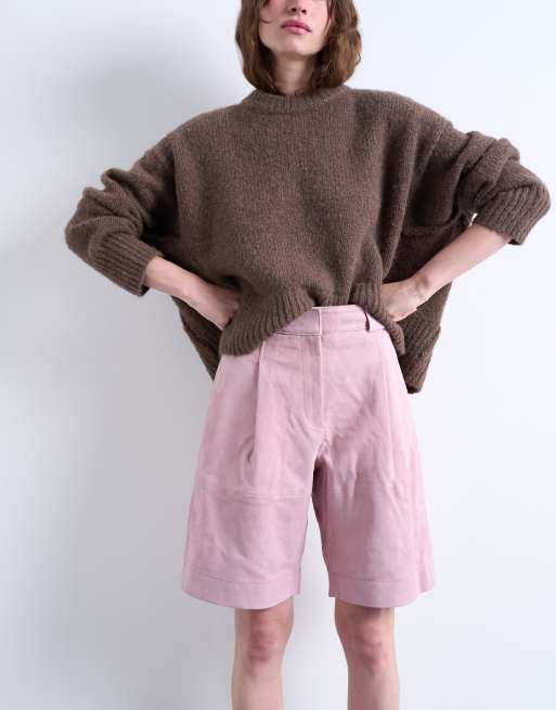 Topshop - Bermuda long d'ensemble en daim authentique de qualité supérieure - Rose, 3 de 5