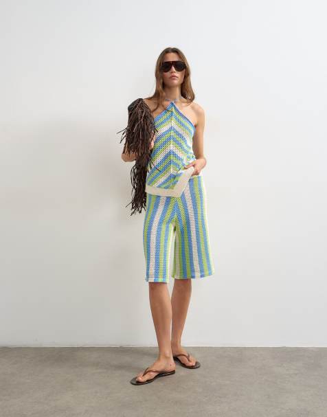 Topshop - Bermuda long d'ensemble en maille à rayures variées - Vert et bleu multicolore - view 1