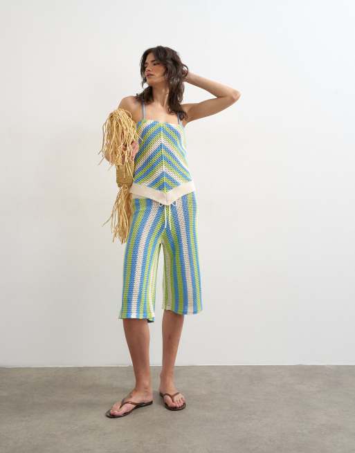 Topshop - Bermuda long d'ensemble en maille à rayures variées - Vert et bleu multicolore